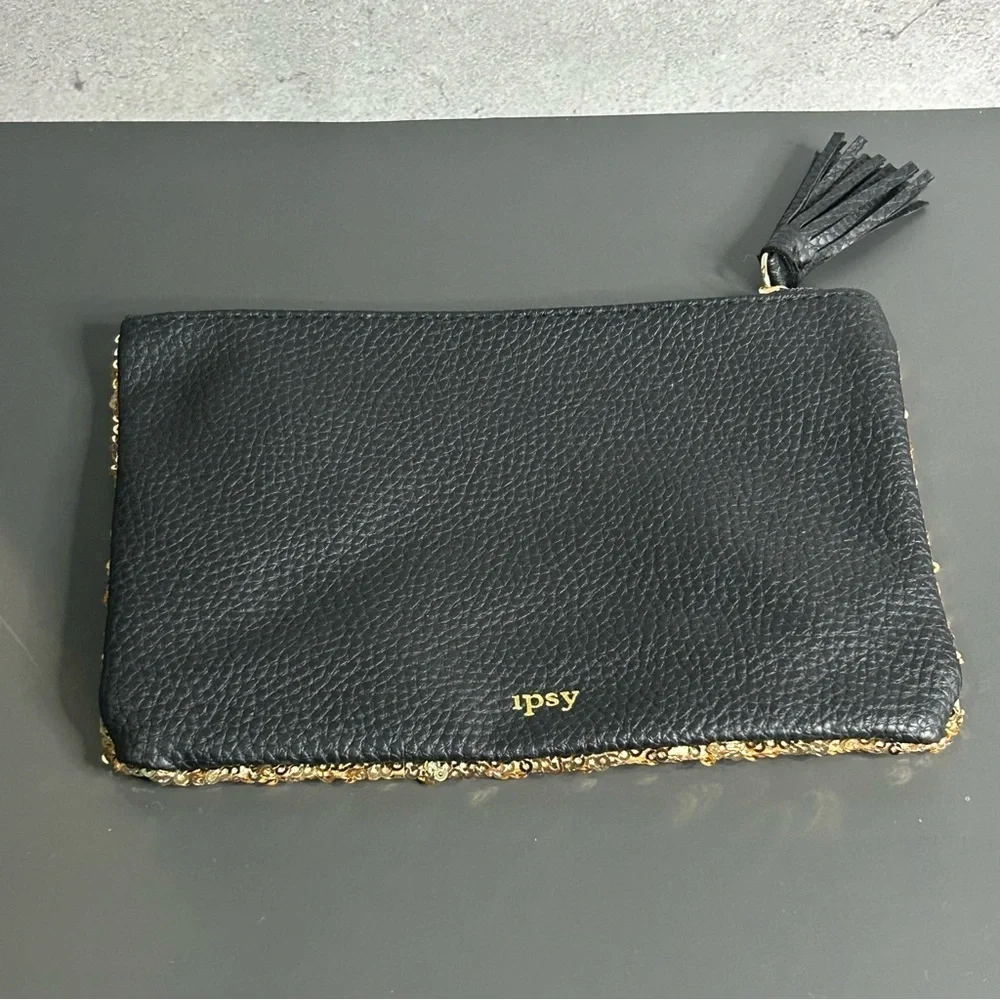 ipsy Sparkling Gold Sequin Cosmetic Bag with Black Tassel